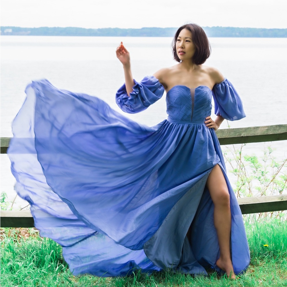OFF SHOULDER TWO PIECE DETACHED CORSET BLUE PROM PHOTOSHOOT STRAPLESS SLIT DRESS